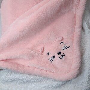 Carter's Pink Kitty Cat Baby Blanket White Sherpa black Kitten Face Corner Plush